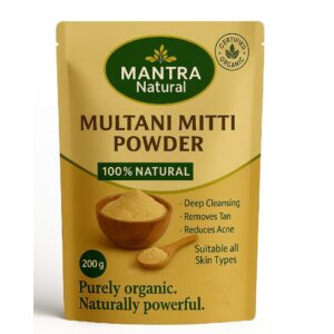 Organic Multani Mitti Powder Natural Fuller’s Earth for Face & Hair Packs Removes Dead Skin, Cleanses Pores, Reduces Dandruff & Scalp Itchiness Soft & Glowing Skin (200g)