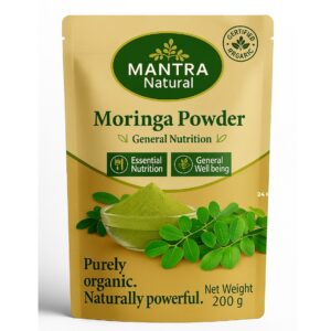 📦 Product Details Attribute Description Brand Mantra Natural Size 200 g (Pack of 1) Form Fine Leaf Powder Scent Natural Herbal Material Type Free Artificial Colour Free, Preservative Free, Gluten Free Special Feature USDA & India Organic Certified, Vegan, Non-GMO, Cruelty-Free Included Components 100% Pure Shade-Dried Moringa Leaf Powder Net Quantity 200 grams Recommended Uses Immunity Booster, Energy Support, Weight Management, Skin & Hair Care Country of Origin India 🌿 About This Item (Bullet Points for Amazon) ✅ 100% Organic Certified (USDA & India Organic) – Premium-grade Mantra Natural Moringa Powder made from hand-picked, shade-dried moringa leaves (Drumstick Tree). No additives, fillers, or preservatives — just pure green nutrition. ✅ Powerful Energy & Immunity Booster – Rich in vitamins A, C, E, and minerals like iron, calcium, and potassium, this superfood helps boost natural energy, improve stamina, and strengthen immune defense. ✅ Supports Weight Loss & Natural Detox – Packed with antioxidants, fiber, and chlorophyll to support metabolism, improve digestion, and promote healthy fat burning while flushing out toxins. ✅ Complete Plant-Based Nutrition – Contains essential amino acids, protein, and antioxidants, making it an excellent vegan supplement for daily vitality, endurance, and recovery. ✅ Versatile Superfood Powder – Perfect for smoothies, juices, soups, teas, or meals. Add 1 teaspoon daily to enhance energy, immunity, and overall health naturally. ✅ Farm Fresh & Sustainably Sourced – Grown and processed under hygienic, eco-friendly conditions to preserve maximum nutrients and authentic herbal purity. ✨ Product Description (Long Form SEO-Friendly) Experience the power of nature with Mantra Natural Organic Moringa Powder, a USDA-certified organic superfood derived from nutrient-dense moringa leaves (Drumstick Tree). Known as the “Miracle Tree,” Moringa is one of the richest sources of vitamins, minerals, and antioxidants in the plant world. Each serving delivers: 🌿 17 × more calcium than milk 🌿 25 × more iron than spinach 🌿 7 × more vitamin C than oranges 🌿 All 9 essential amino acids for protein synthesis Regular consumption supports energy levels, immunity, metabolism, and skin glow, while naturally restoring essential vitamin and mineral balance. Completely vegan, gluten-free, preservative-free, and chemical-free, this moringa powder is perfect for fitness lovers, wellness enthusiasts, and anyone seeking a cleaner, plant-based lifestyle. 🌸 Key Benefits Boosts Energy & Immunity Supports Weight Loss & Detox Enhances Skin & Hair Health Improves Digestion & Gut Health Restores Vitamin & Mineral Imbalances Increases Stamina & Vitality 100% Organic, Vegan & Non-GMO Free from Preservatives, Artificial Colours, or Additives 💚 How to Use Smoothies / Juices: Add 1 tsp of moringa powder in warm water daily. Tea: Mix ½ tsp in hot water, stir well, and drink as herbal tea. Meals: Sprinkle on soups, dals, or salads for extra nutrition.